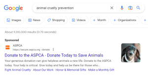 This screenshot shows a Google Ad from ASPCA that appears at the top of the page when someone searches the term animal cruelty prevention.