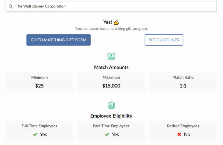 Double the Donation's matching gift database results are donor-oriented and actionable.