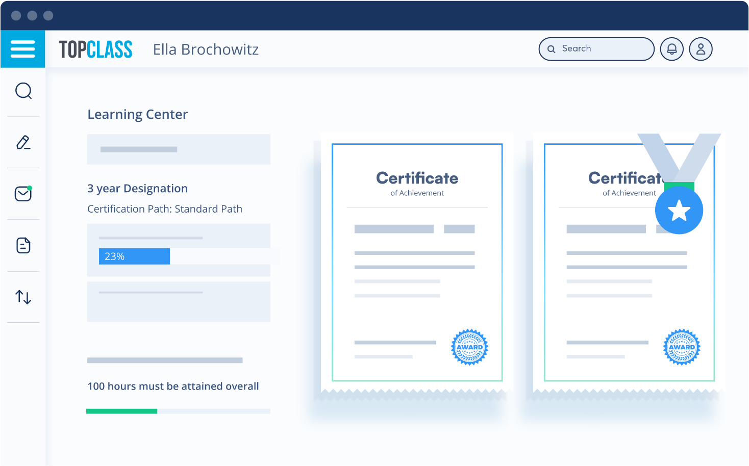 A mockup of a certification dashboard for a member within TopClass, the best LMS platform for associations and credentialing organizations