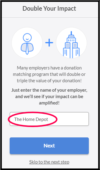 Screenshot of Fundraise Up donation page with a section to insert the donor's employer