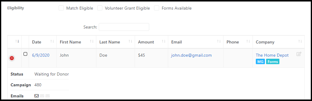 This is a screenshot of the donor log that includes the donor's name and contribution information.