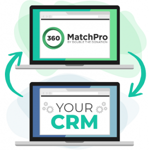 This image shows to laptops, one states "360MatchPro" and the other says "Your CRM". There are arrows pointing to each laptop to represent the two systems syncing.