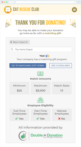 This image shows a generic confirmation page for 360MatchPro. It displays a thank you note, and it provides information about the donor's gift matching program.