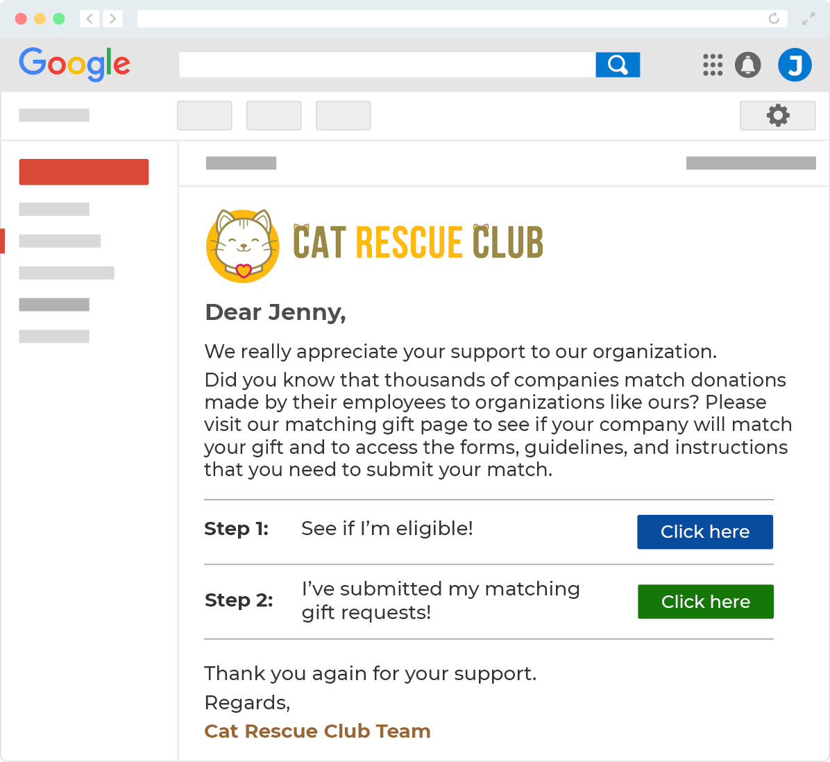 This image shows a mock email from a demo organization called Cat Rescue Club. The email encourages the donor to check to see if they are eligible for a matching gift from their employer.