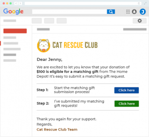 This image shows a mock email from the Cat Rescue Club. It states that the donor is eligible for a matching gift, and it provides a link to the gift matching request.