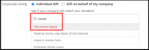 This image shows a DonorDrive form with the 360MatchPro streamlined search tool in use.