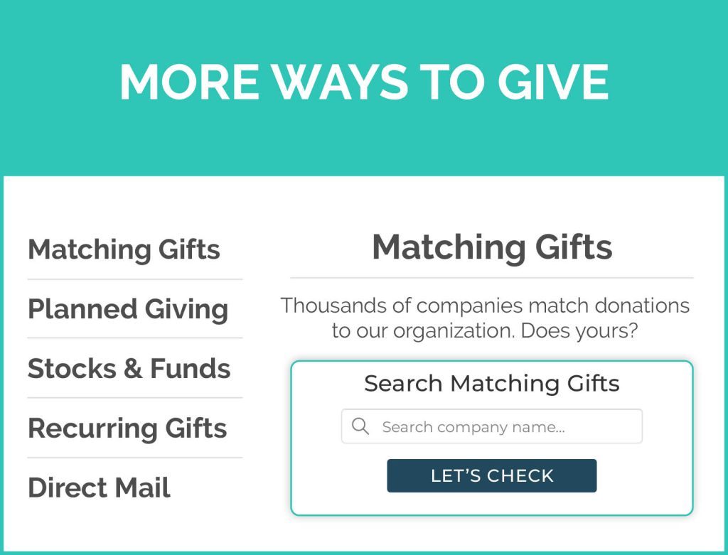 The image is an example "ways to give page" with tabs for matching gifts, planned giving, stocks and funds, recurring gifts, and direct mail.