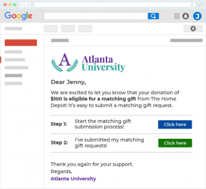 Example matching gifts follow-up email from Atlanta university