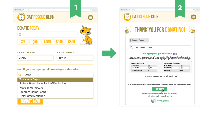 This image illustrates how matching gift auto-submission streamlines the process, making it easier to participate in employee giving.