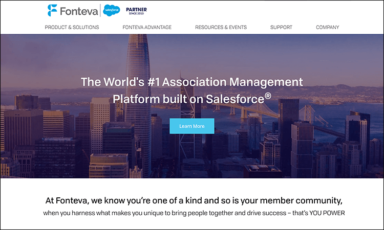 A screenshot of the homepage for Fonteva, one of the leading association management platforms.