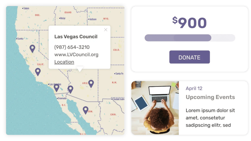 A mockup showing Morweb's different association management features, like a member directory, upcoming event announcement, and fundraising thermometer