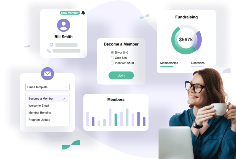 A mockup showing different features within Sumac by Societ's association management software