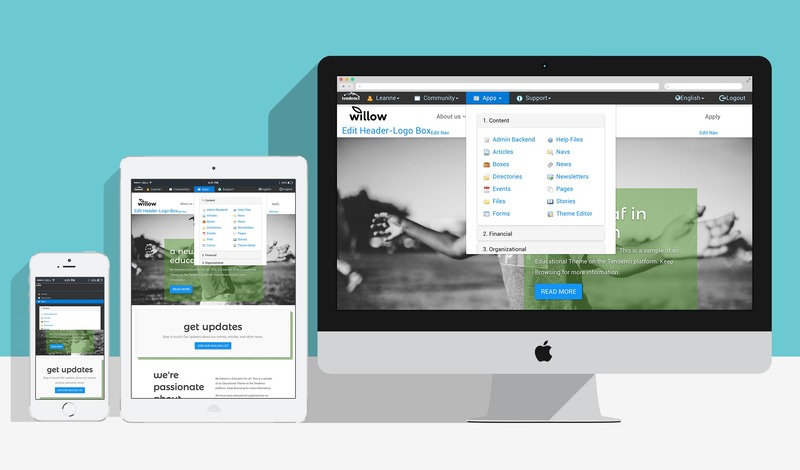 A mockup of Tendenci's community website builder on different devices