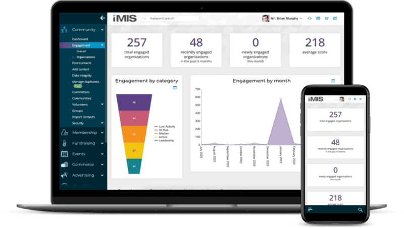 A mockup of iMIS's association management software dashboard