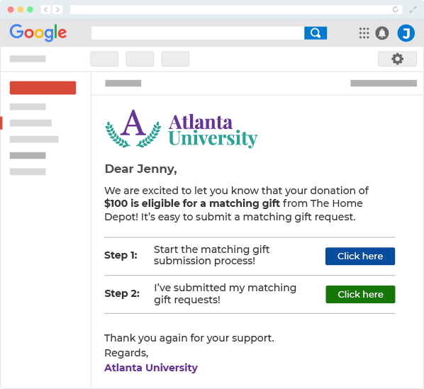 University follow-up email promoting matching gifts