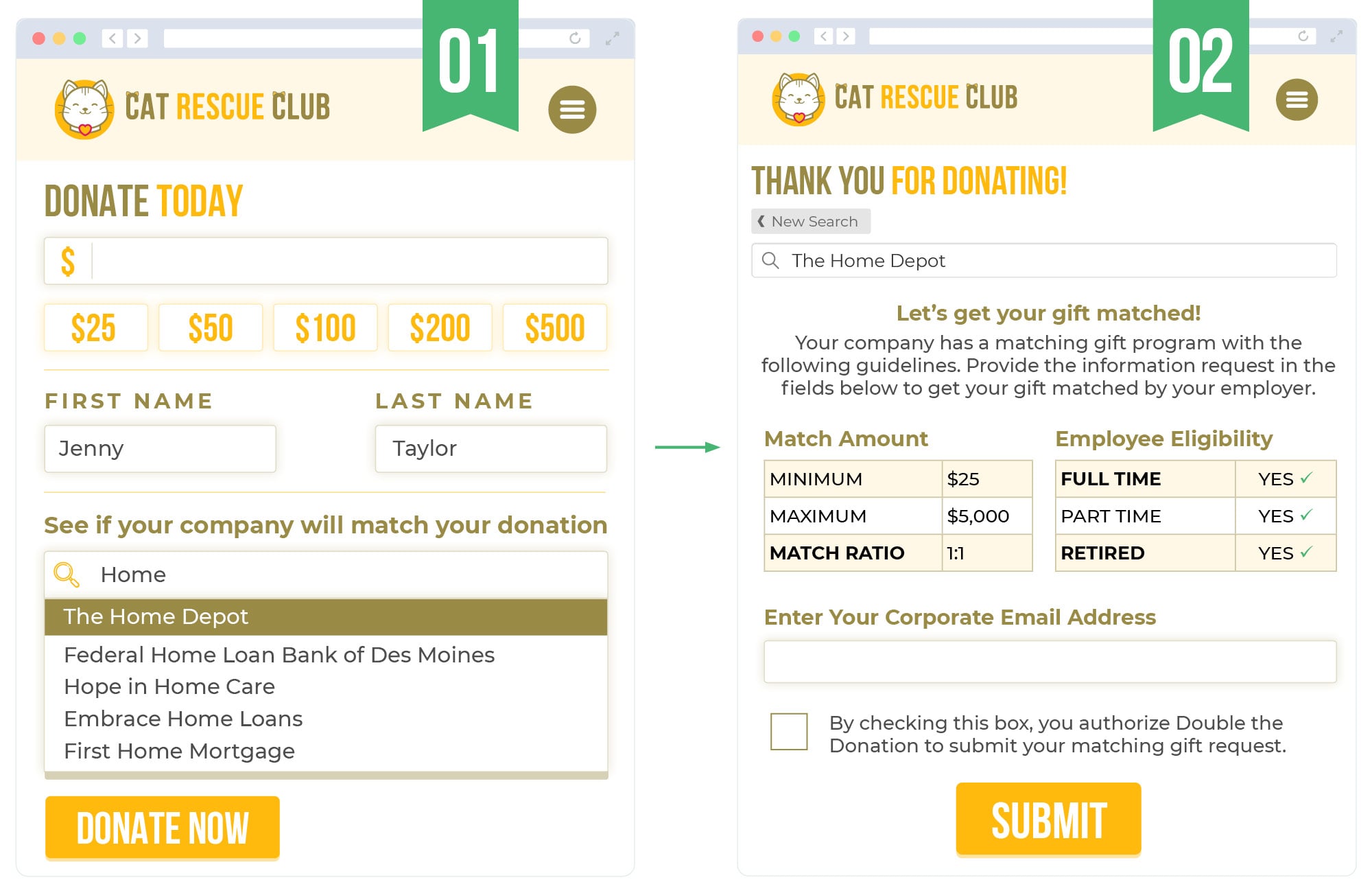 Starting a matching gift program with auto-submission