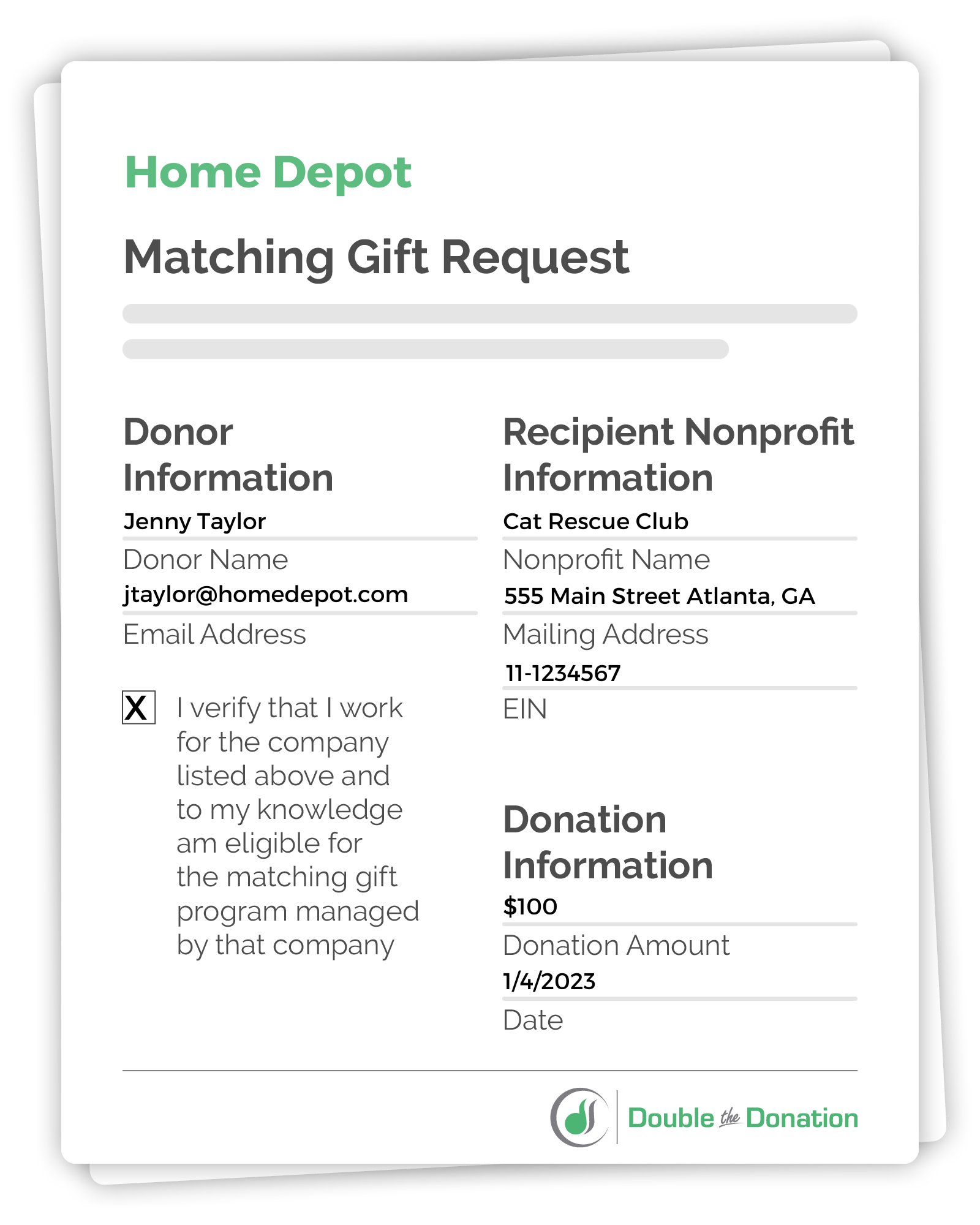 Double the Donation's standard matching gift form, completed