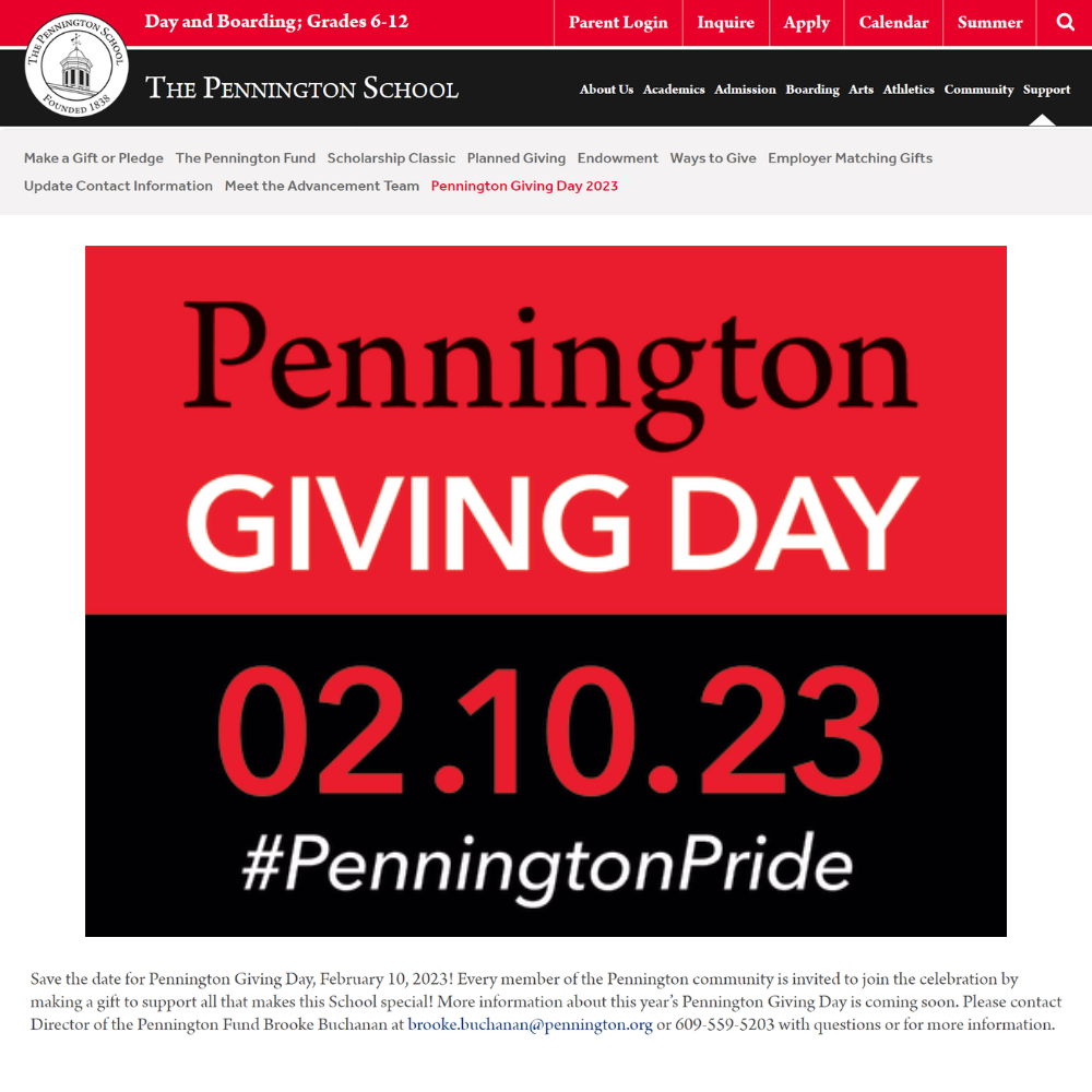 Academic giving days and matching gifts - example: Pennington School
