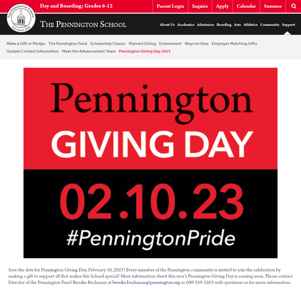 Academic giving days and matching gifts - example: Pennington School - re:  charity