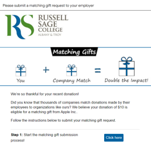 Academic giving days and matching gifts - example: Russell Sage College