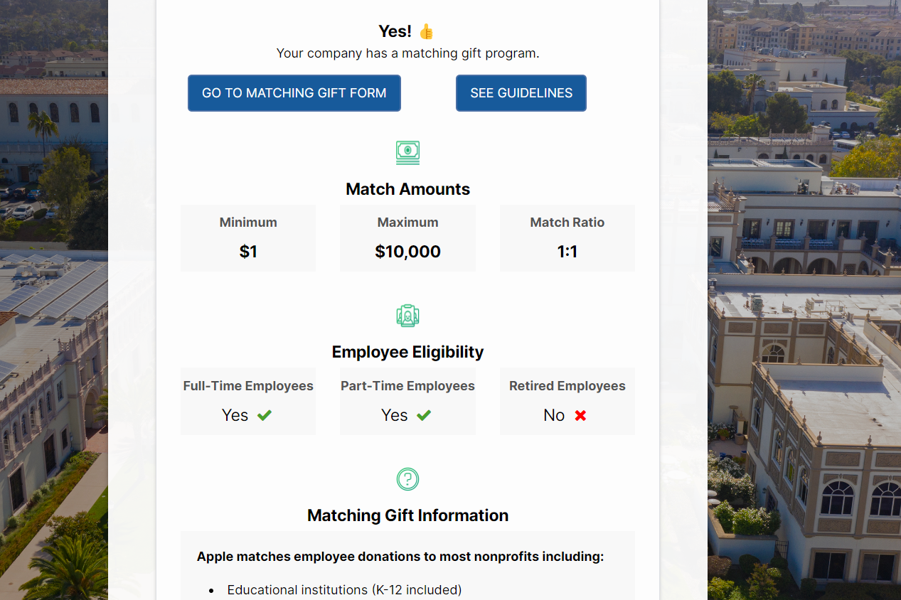 Academic giving days and matching gifts - example: University of San Diego