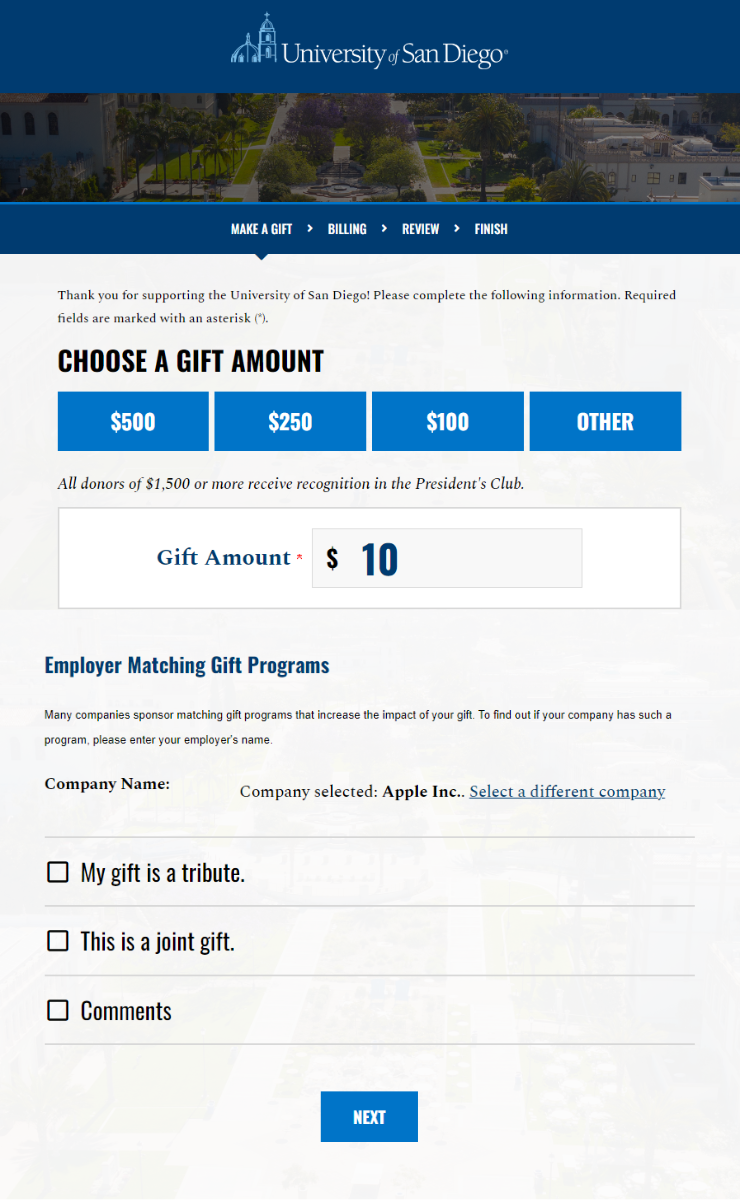 Academic giving days and matching gifts - example: University of San Diego