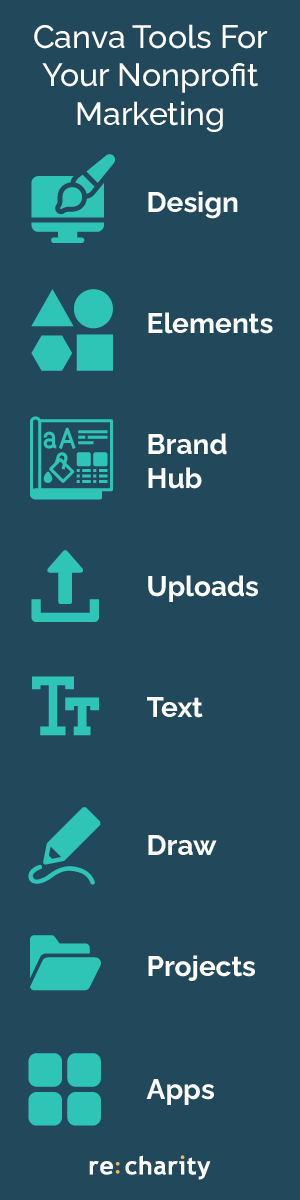 This graphic lists the Canva features that can be used as a free marketing tool for nonprofit graphic design.