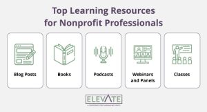 This image shows types of learning resources for nonprofit professionals who want to gain experience, also detailed in the text below.