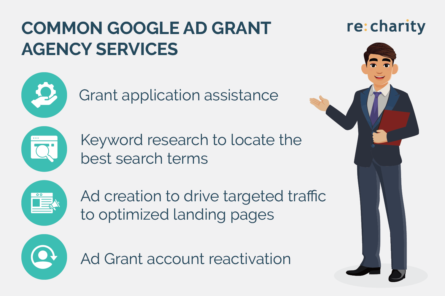 Google Ad Grant agencies offer services like walking you through how to apply for Google Grants and writing your ads.