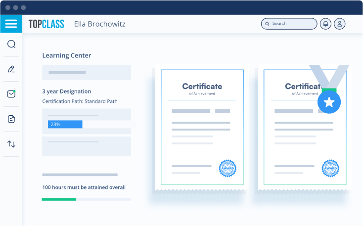 A mockup of a learner’s dashboard in an LMS, indicating their progress toward a certification