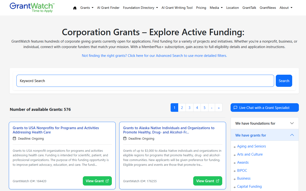 A look at GrantWatch's corporate grant database